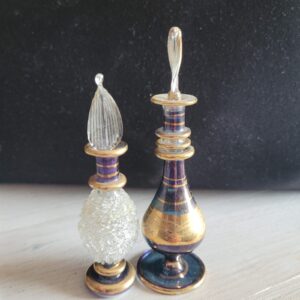 2 Vintage Purple Art Glass Perfume Bottles Gold Gilt Hand Blown Bohemian Style