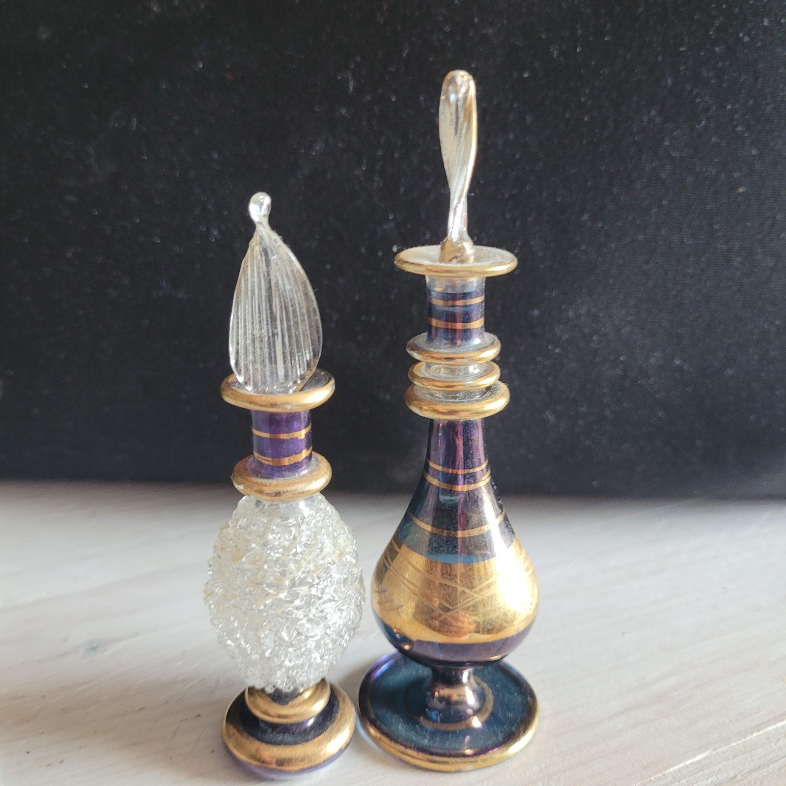 2 Vintage Purple Art Glass Perfume Bottles Gold Gilt Hand Blown Bohemian Style 1 2 Vintage Purple Art Glass Perfume Bottles Gold Gilt Hand Blown Bohemian Style