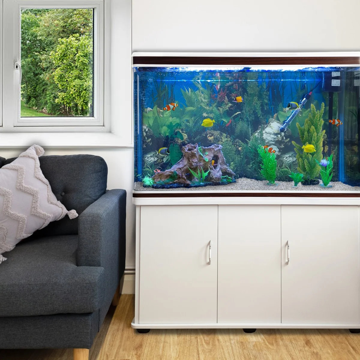 Acquario 300L con Armadietto Bianco e Kit con Fondale, Piante e Ghiaia Bianca 2 Acquario 300L con Armadietto Bianco e Kit con Fondale, Piante e Ghiaia Bianca