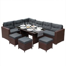 Rotan Hoekdinerset Tuinset Bruin 9-Persoons Loungeset L-Vormige Bank