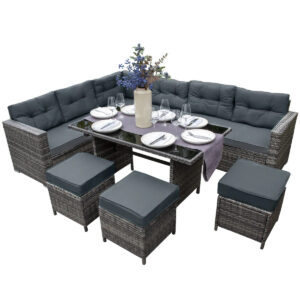 Rotan Hoekdinerset Tuinset Grijs 9-Persoons Loungeset L-Vormige Bank