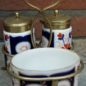 Antique Vtg Mustard Porcelain Cruet Set Imari Style cobalt blue red and white