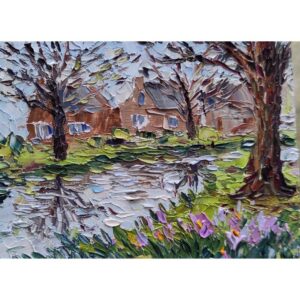Olieverf schilderij Hand geschilderd kunst Krokussen in een dorp Bloemen kunst
