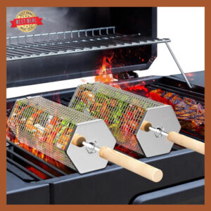 Rollender Grillkorb 304 Edelstahl mit Holzgriff Grillzubehör für Gemüse BBQ