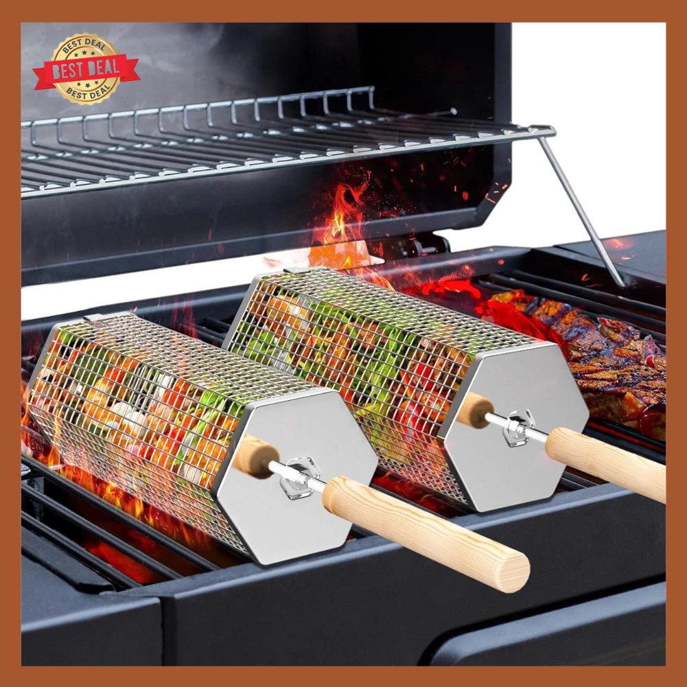 Rollender Grillkorb 304 Edelstahl mit Holzgriff Grillzubehör für Gemüse BBQ 1 Rollender Grillkorb 304 Edelstahl mit Holzgriff Grillzubehör für Gemüse BBQ