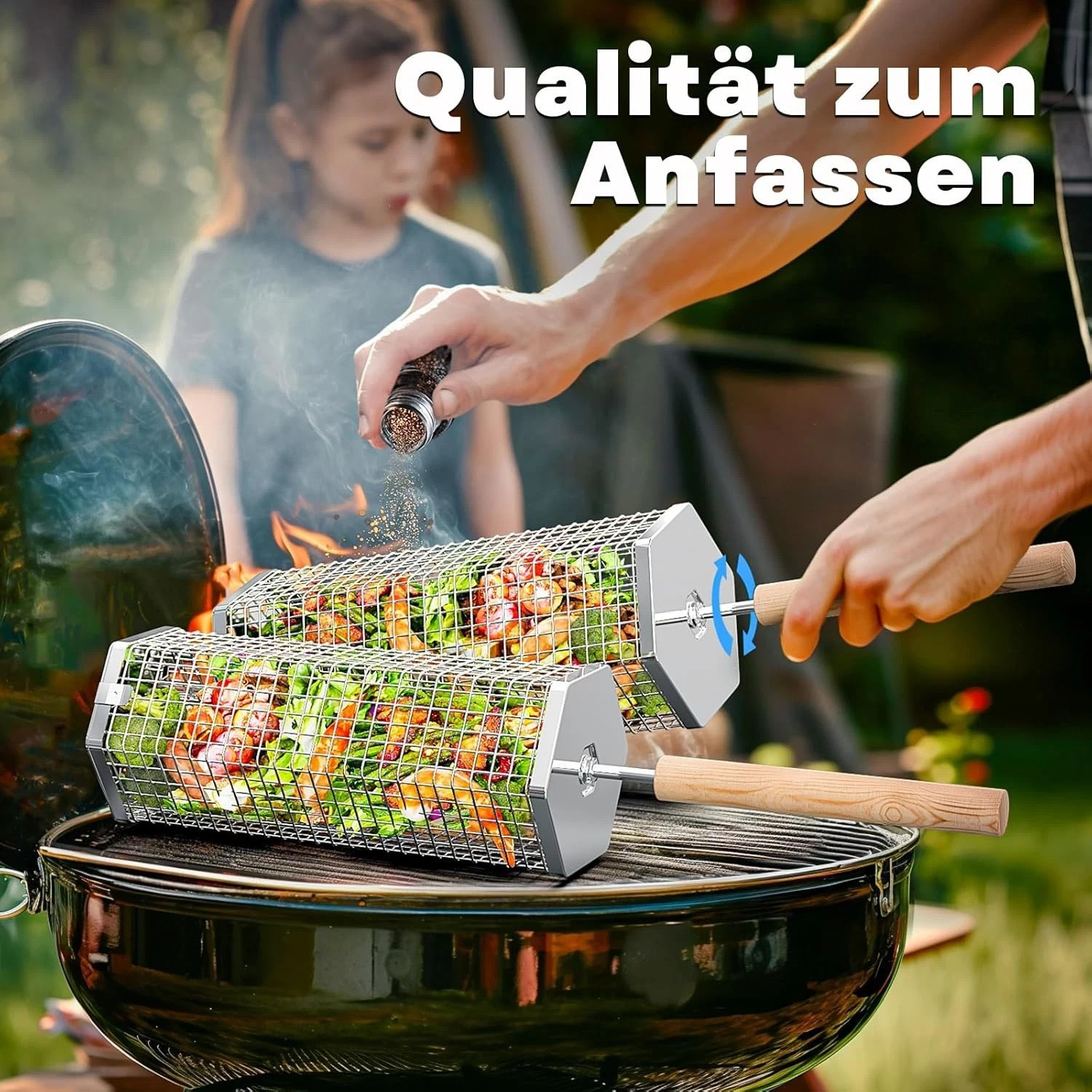 Rollender Grillkorb 304 Edelstahl mit Holzgriff Grillzubehör für Gemüse BBQ 3 Rollender Grillkorb 304 Edelstahl mit Holzgriff Grillzubehör für Gemüse BBQ