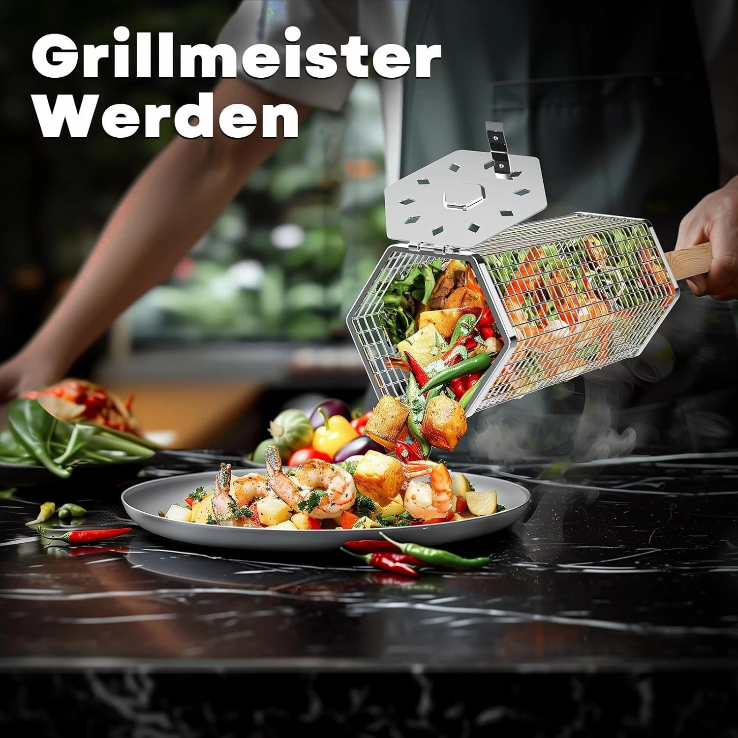 Rollender Grillkorb 304 Edelstahl mit Holzgriff Grillzubehör für Gemüse BBQ 4 Rollender Grillkorb 304 Edelstahl mit Holzgriff Grillzubehör für Gemüse BBQ
