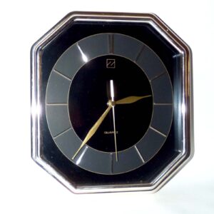 Vintage Zenith Octagon Wall Clock Black Gold Chrome Hollywood Regency MCM